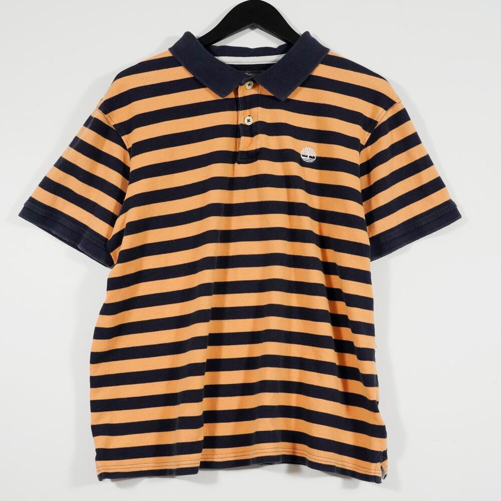 Timberland Men’s Striped Polo Shirt Orange Navy Y2K Style Large